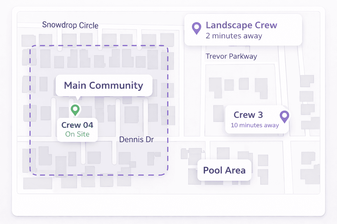 Real-time HOA vendor GPS location map showing landscape crew locations across community property