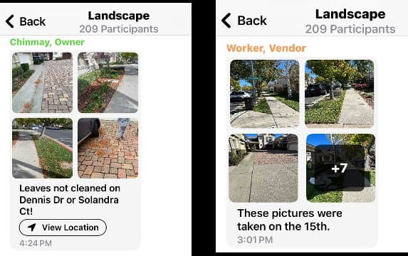 HOA vendor submitting field photos through HOA Alchemy mobile app as proof of completed landscape work